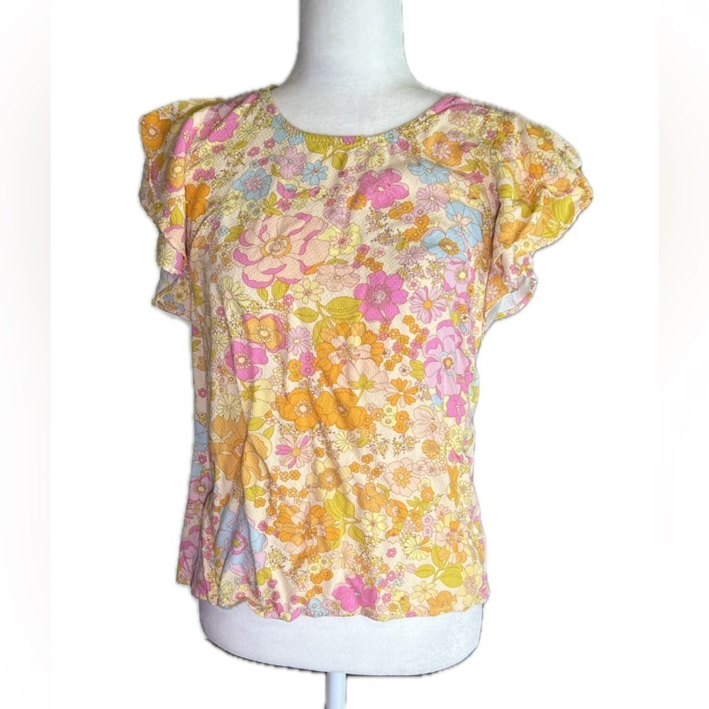 Cynthia Rowley pink short flutter sleeve colorful floral blouse size s small